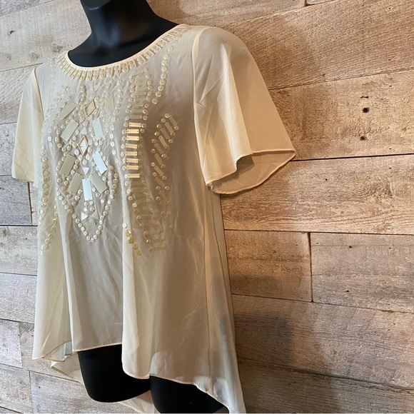 Lulumari women’s ivory‎  beaded sheer blouse in size large - Picture 2 of 8